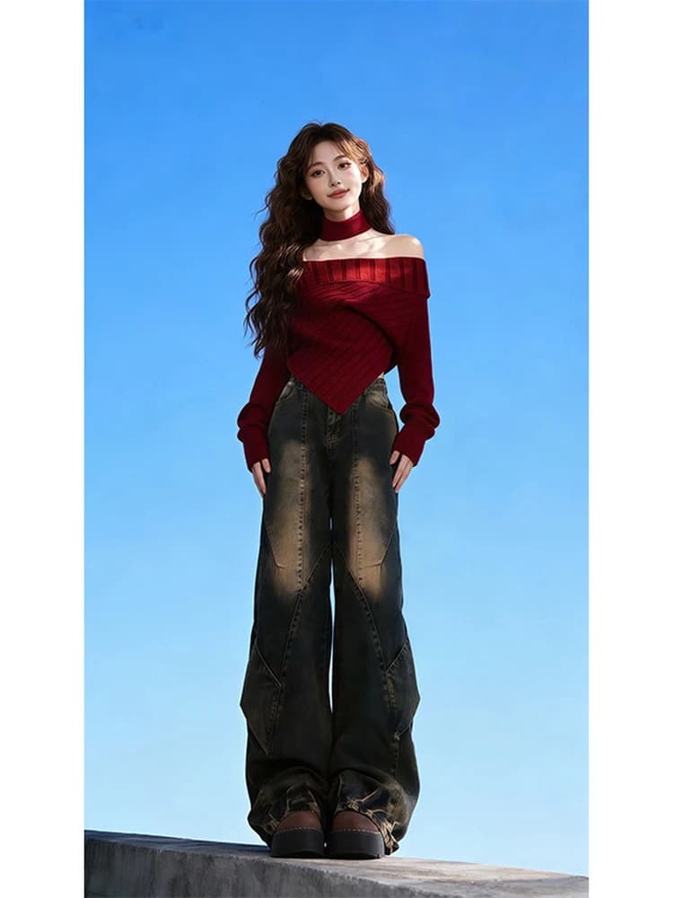 Tema Cisas rosso Dimagrante Vita scoperta Una spalla Maglione lavorato a maglia Sciarpa Neline Jeans a vita alta Set due pezzi Casual S...