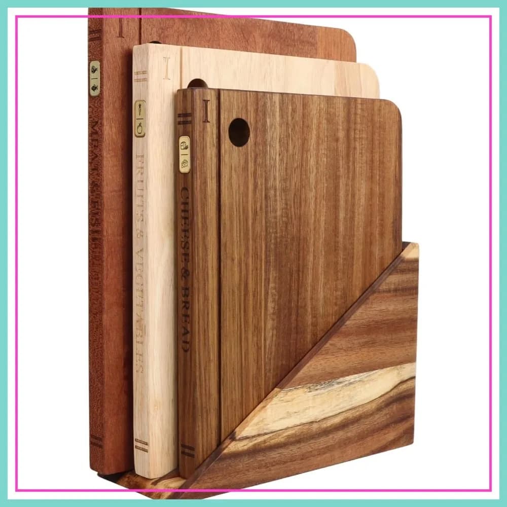 Set di 3 Taglieri in Legno di Acacia con Supporto, Reversibili, Etichette in Ottone
