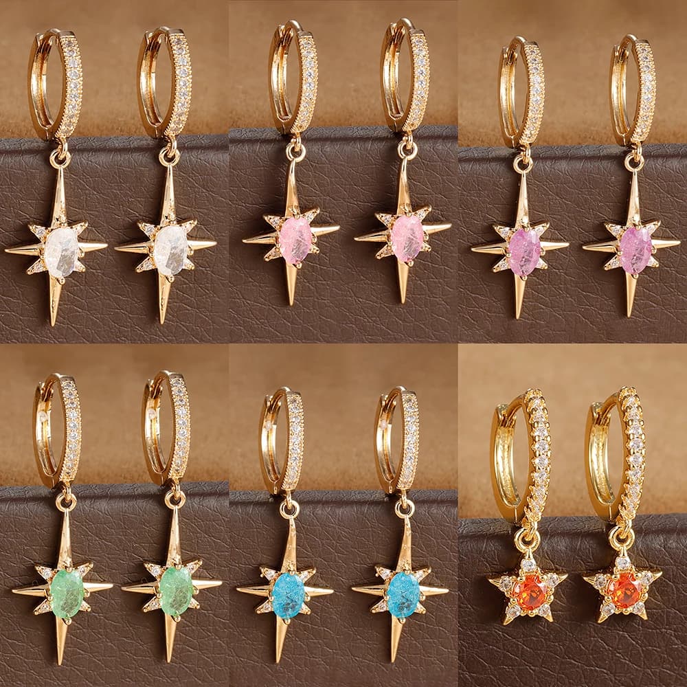 Orecchini a cerchio con stella di zirconi di cristallo di lusso per le donne orecchini da sposa con Piercing all'orecchio geometrico in acciaio inossidabile placcato oro