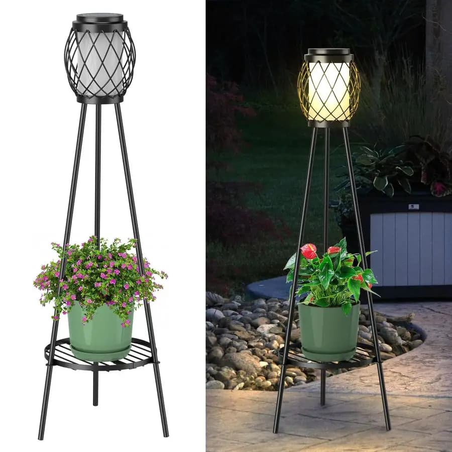 Solar Exterior Lights with Plant Supports, Pack of 2, Solar Earth lamps with Metal Tripod for Garden, Courtyard, Driveway, Entrance