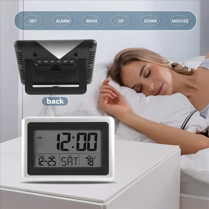 daNUOVO da Digital wall clock, large LCD display, battery operation, internal temperature, calendar, standing table, backless snooze
