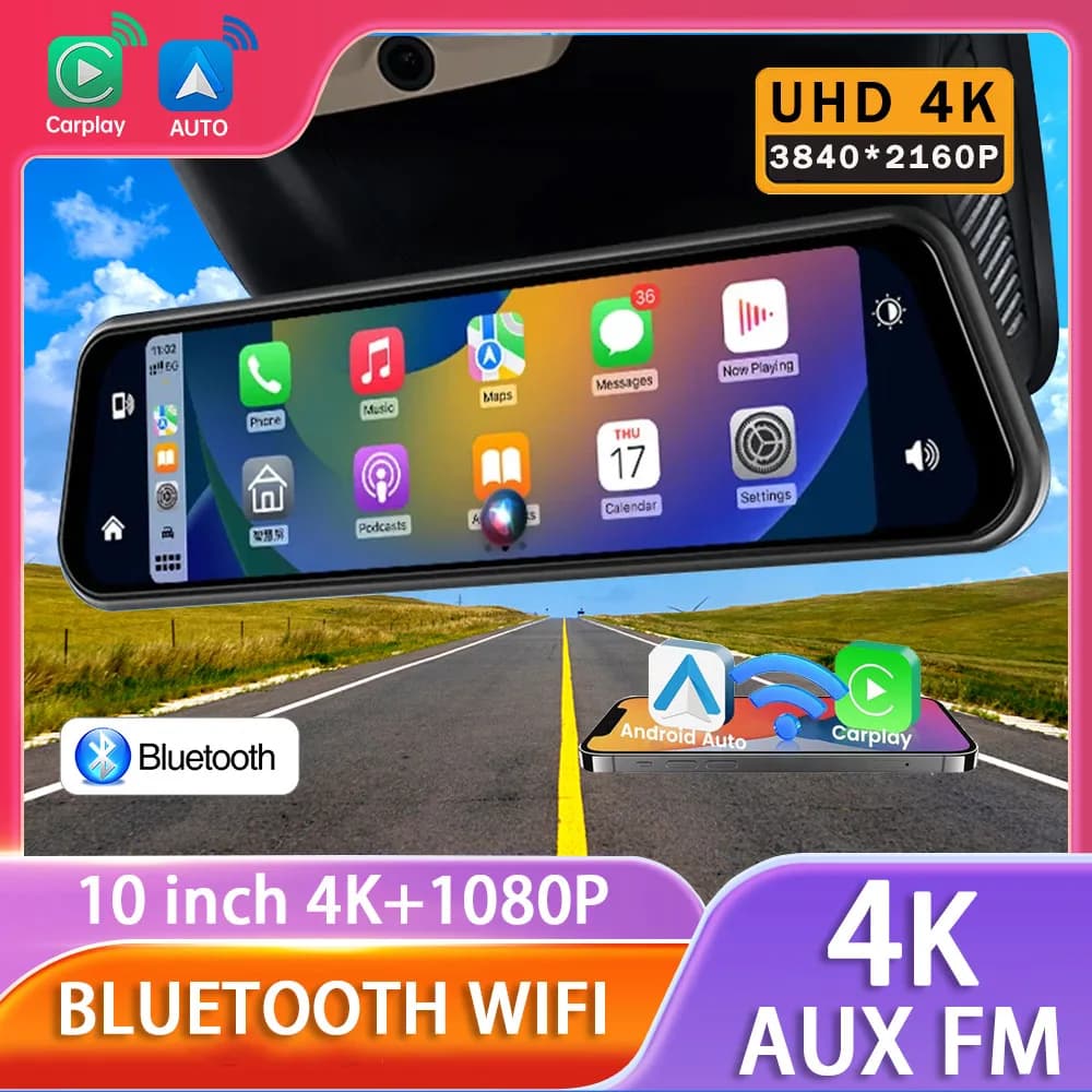 10 inches 4K Dash Cam Car DVR Carplay Android Cars WIFI BT AUX Drive Recorder Dashcam Camera Stream Mirror Rearview Car Accessories