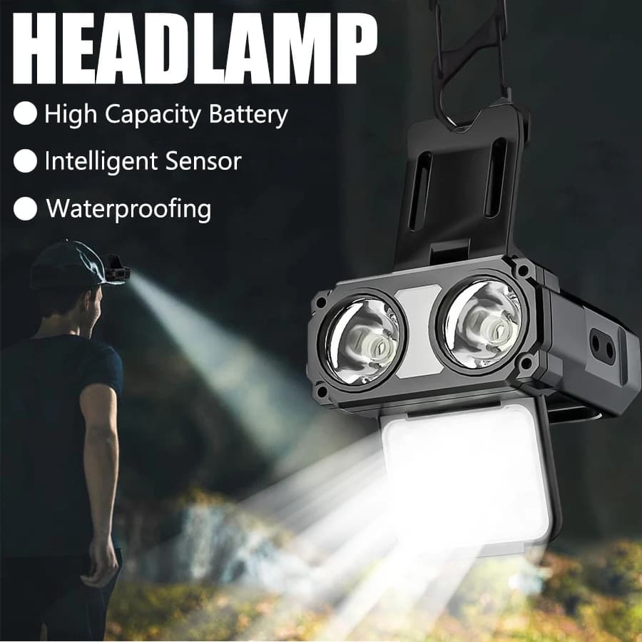 COB LED Sensor Front Lamp with Clip USB Rechargeable Flashlight Built-in LED Headlight for Camping Fishing