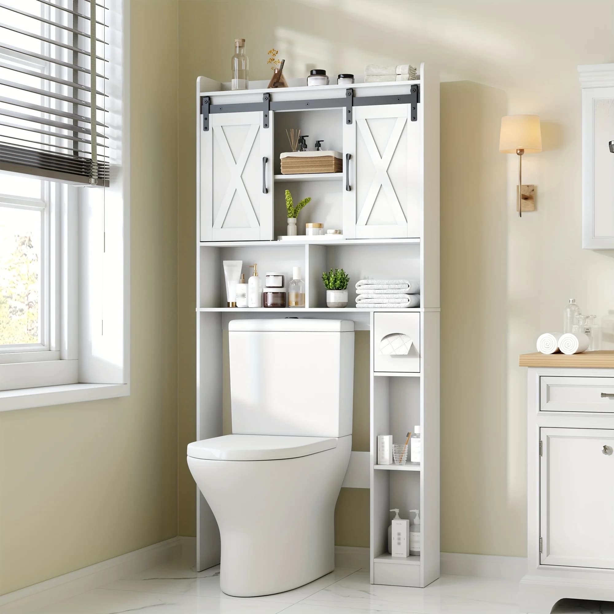 Mobiletto Salvaspazio da Bagno Sopra il WC con Portarotolo Integrato - Scaffale Verticale Moderno in Compensato