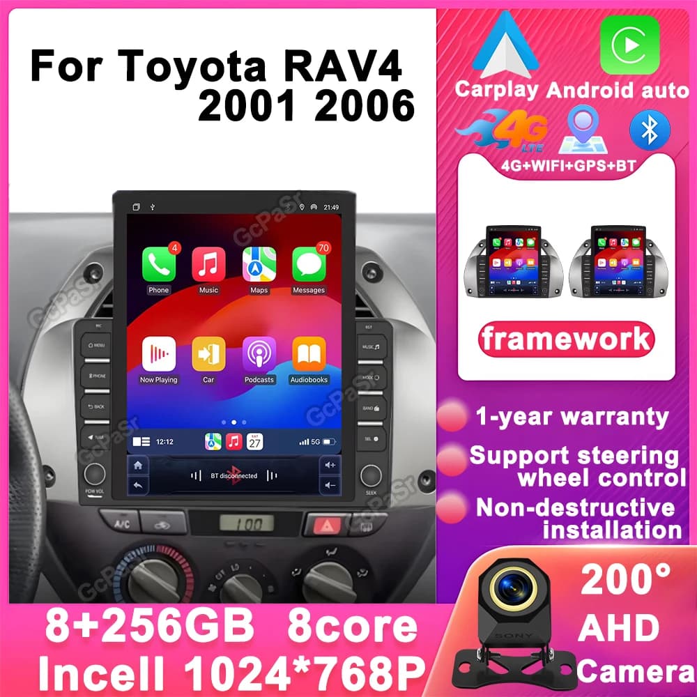 9.7" Vertical Style for Tesla Screen Android 15 Car Radio For Toyota RAV4 2001 2006 GPS Navigation Multimedia Player Carplay