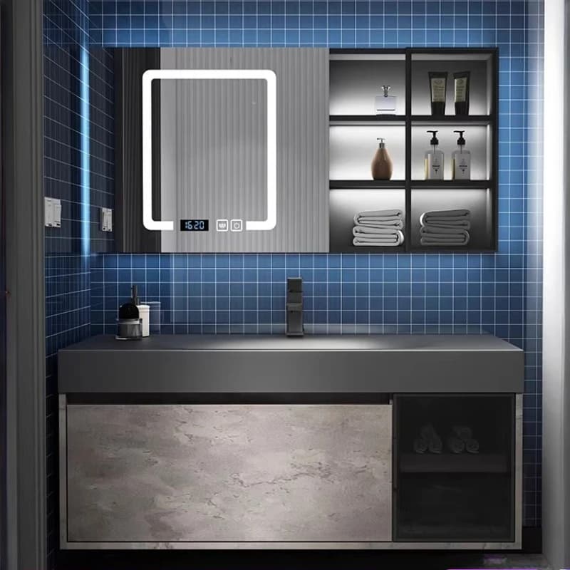 Mobile Bagno Integrato con Lavabo in Roccia, Arredo Bagno Moderno, Mobiletto Bagno con Specchio Smart
