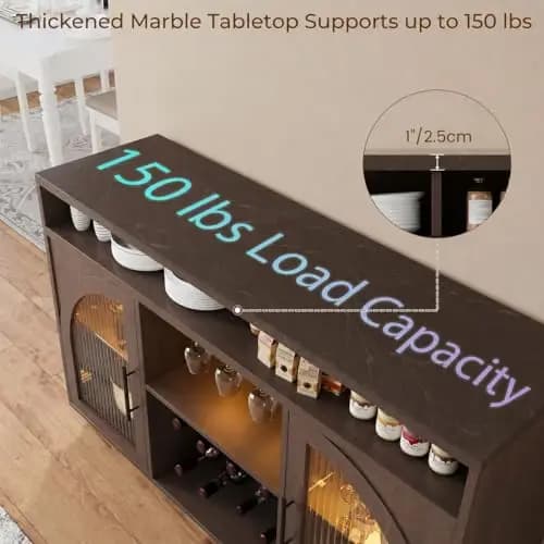 Brown 54-Inch LED-Lit Wine Bar Cabinet With Arched Glass Doors, Dual Wine Storage, Adjustable Shelves, And Marble Top