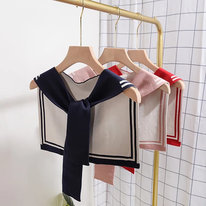 New Korean College Navy Stripe Wool Knit Shoulder Cape Knotted Warm Shawl Summer Air Conditioned Room Protect Neck Woman's Scarf