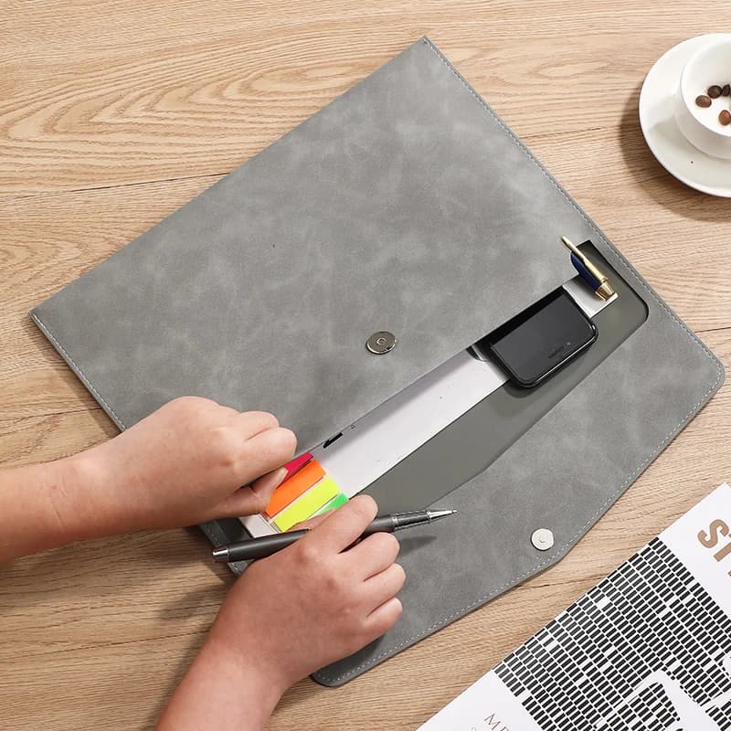 A4 PU Leather Document Bag with Pen Slot Metal Snap File Folder Office Paper Storage Organizer