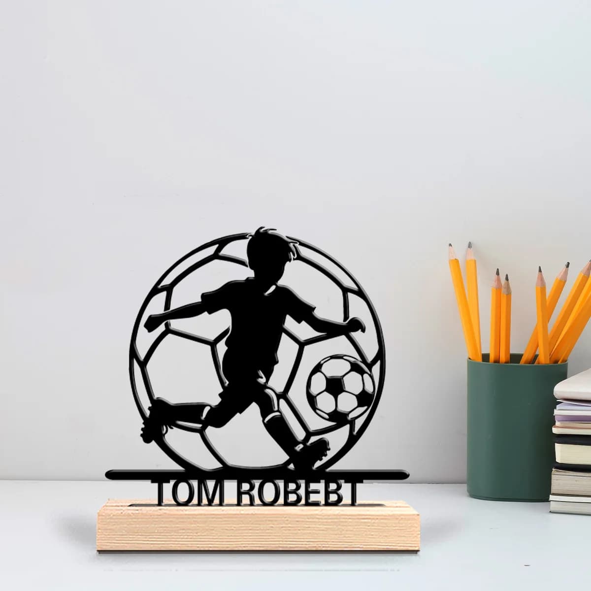 Custom Football Metal Statue, Wood Base Sports Fan Gift, Perfect for Bedrooms, Commemorative