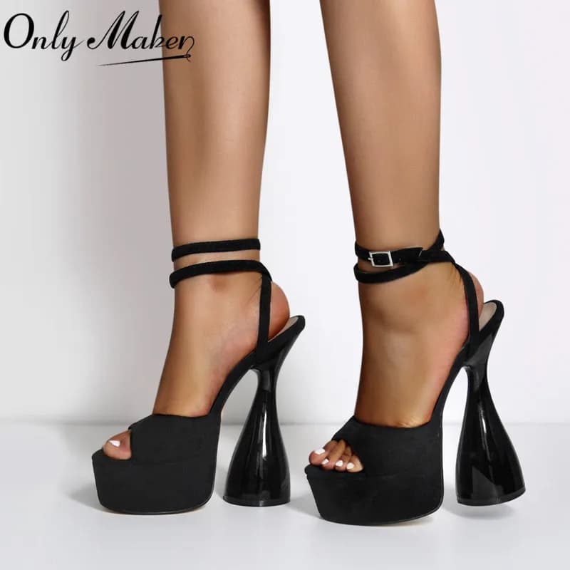 Onlymaker Women's Peep Toe Sandals Black Platform Sandals And Ankle Strap Shoes With High Heel Sexy Large Women's Party Sandals