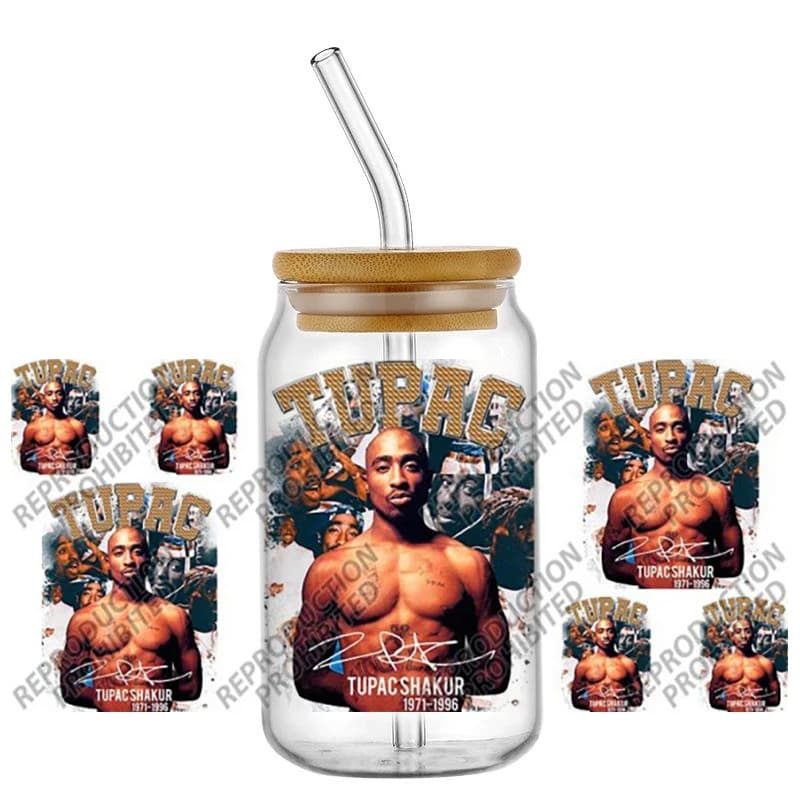 Adesivi decorativi 3D con stampa UV DTF da 16oz del famoso rapper superstar TUPAC 2Pac per bicchieri, tazze, vetro, fai da te, artigianato creativo.