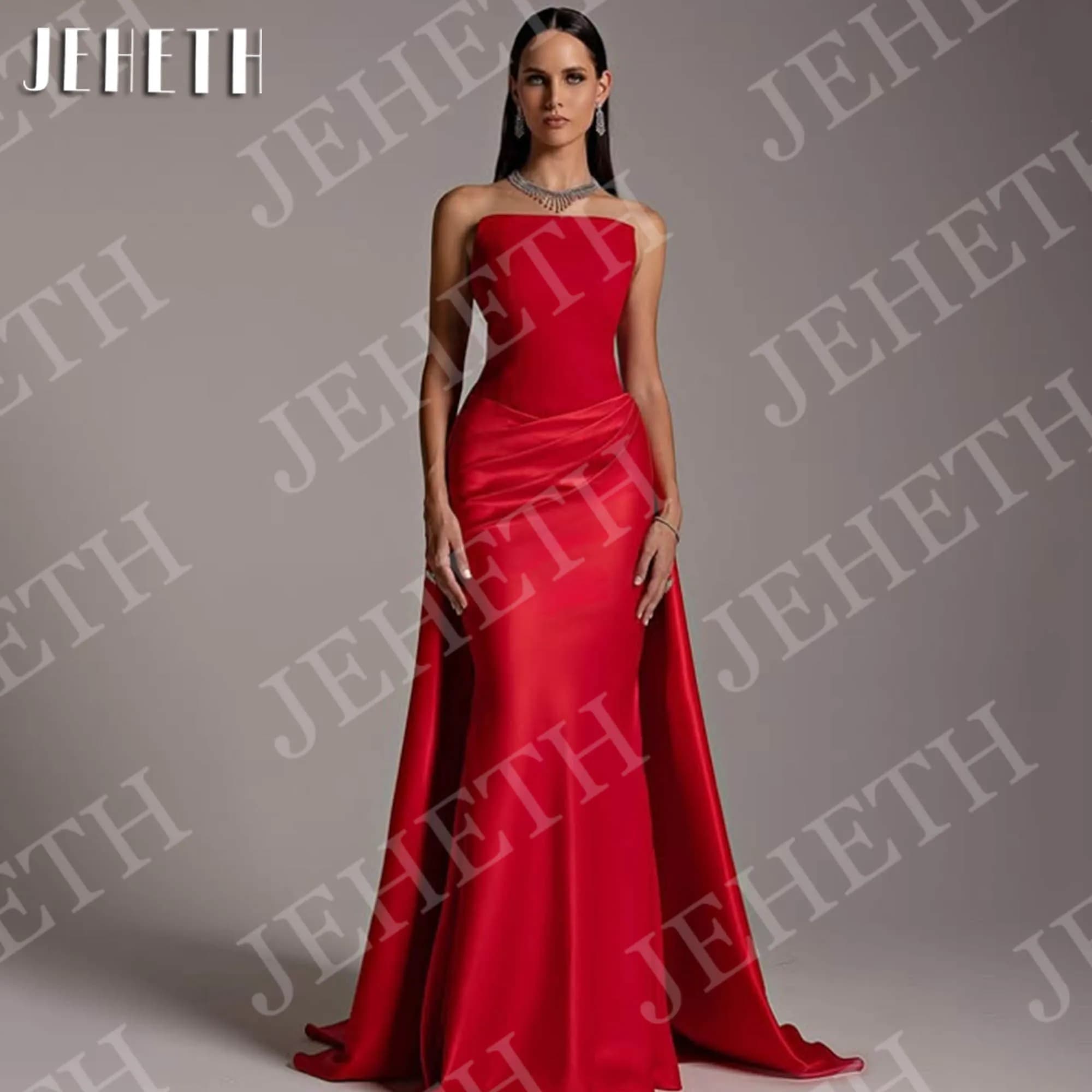 JEHETH Abiti da sera eleganti a sirena da donna senza maniche senza spalline in raso rosso per feste di fidanzamento personalizzabili Sirena elegante abiti da sera donna senza maniche senza cinturine rosso raso fidanza