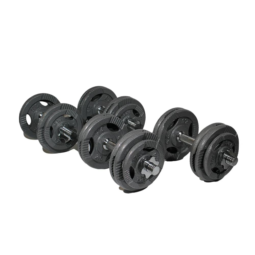 Customizable and adjustable black steel and cast iron handlebar set with weight discs, portable for home gym