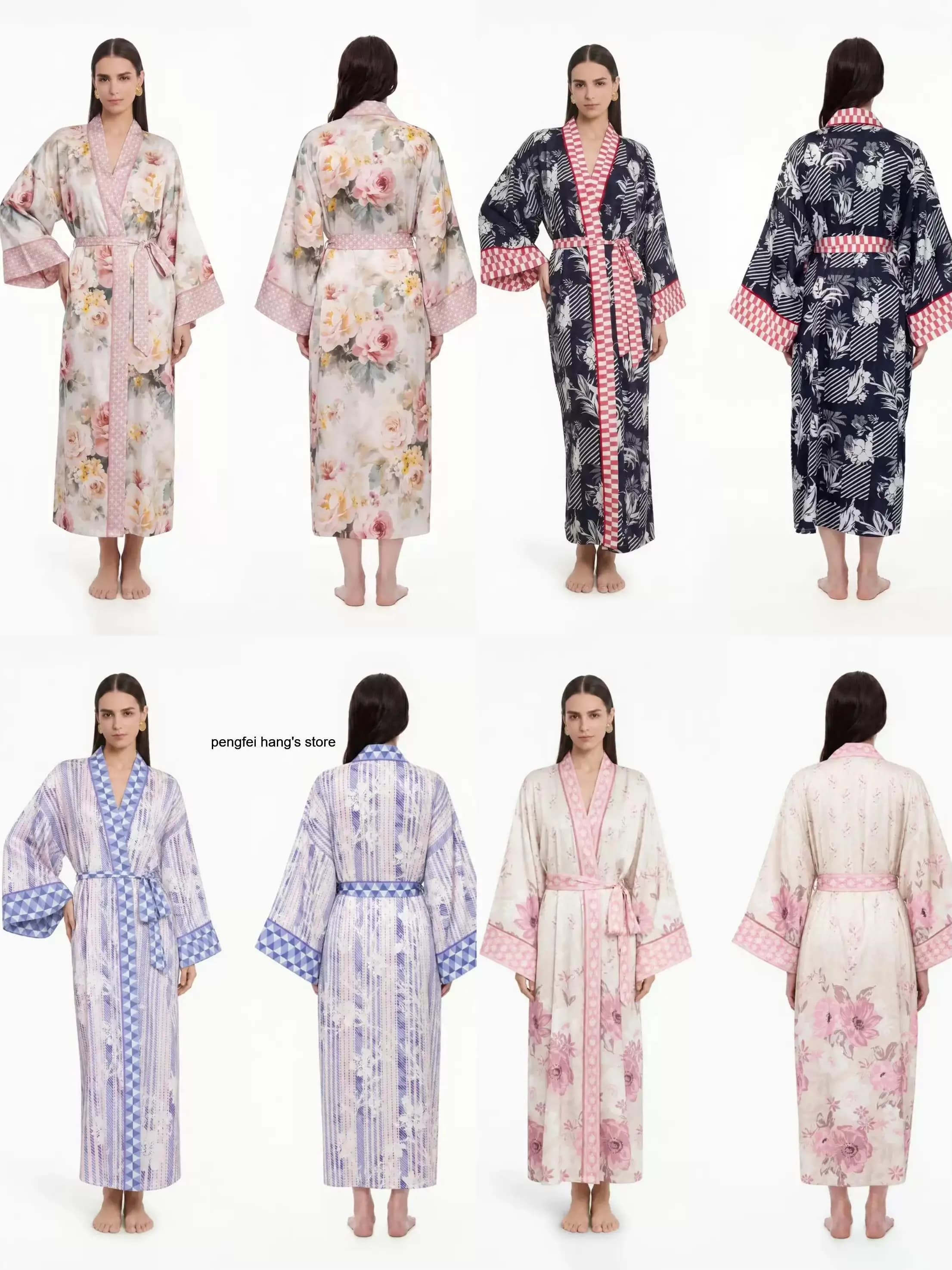 Women Spring Luxury Satin Sleep Robe Fashion Print Long Sleeve Open Front Long Morning Gown Soft Bathrobe for Home Wedding Party