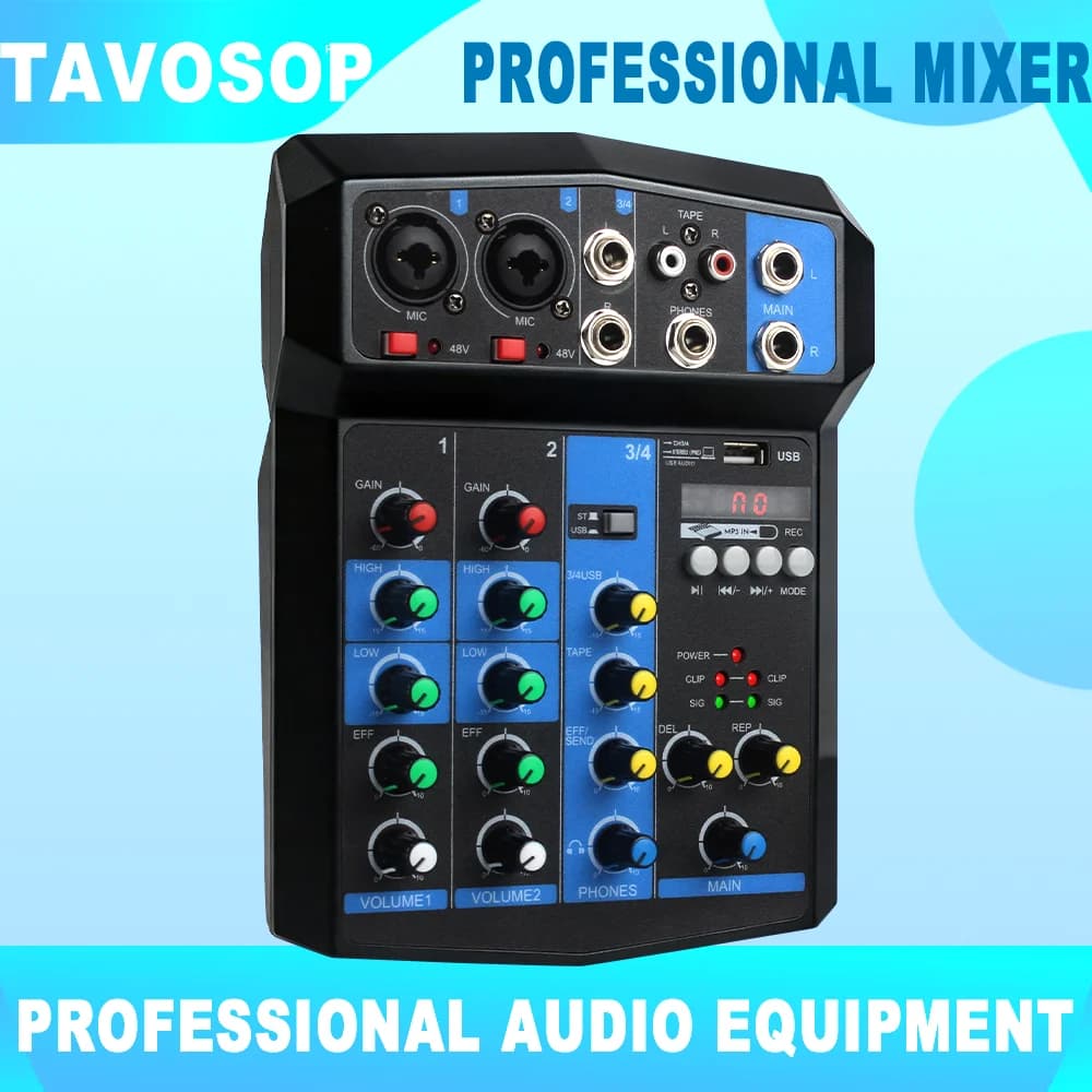 Professional 4channel Audio mixer DJ karaoke Mixing Console With USB Interface Sound Card BT 48V for Karaoke Party PC Recording