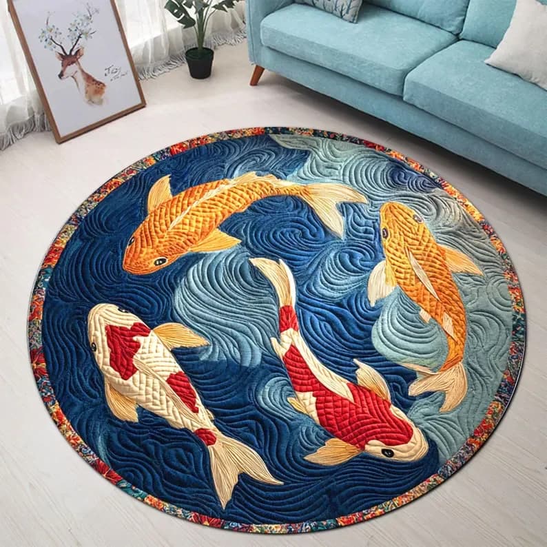 Tappeto Rotondo con Pesci Koi, Stile Giapponese, Antiscivolo, Morbido, per Soggiorno e Camera da Letto, Decorativo