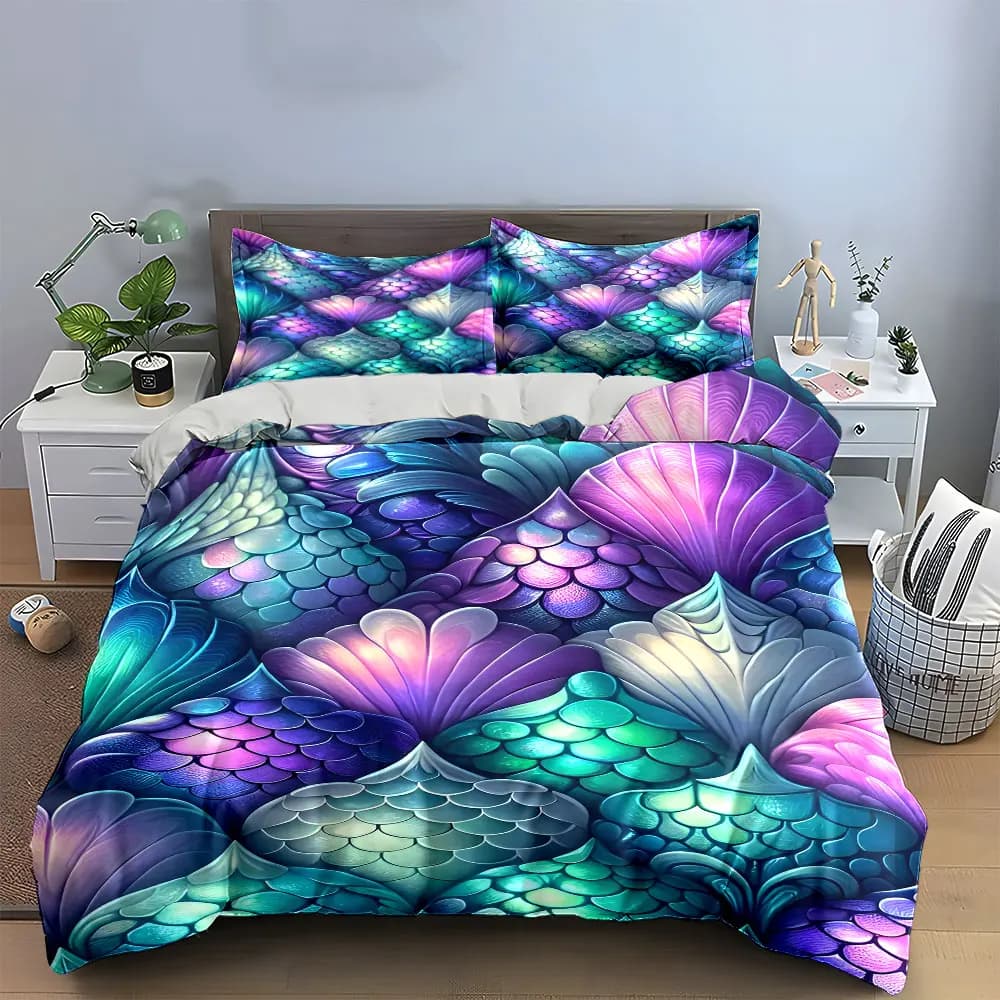 Set copripiumino con squame di sirena iridescenti color pastello, biancheria da letto senza cuciture in verde acqua, viola e rosa, include 1 copripiumino e 2 federe, regalo