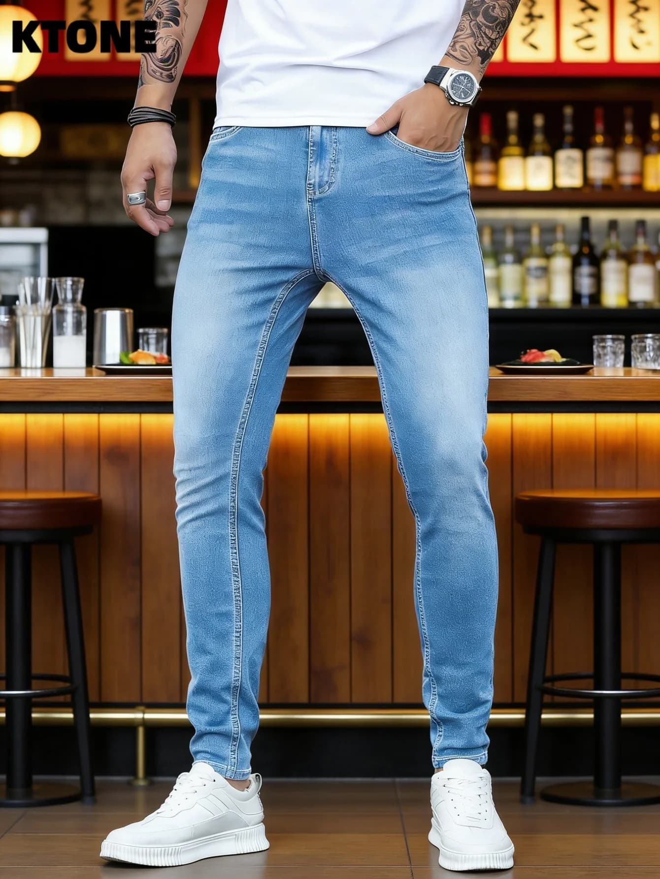 Jeans Slim da Uomo Urban Blue, Pantaloni Casual Originali Stile Y2K Drip Trend, Senza Accessori o Cinture Incluse