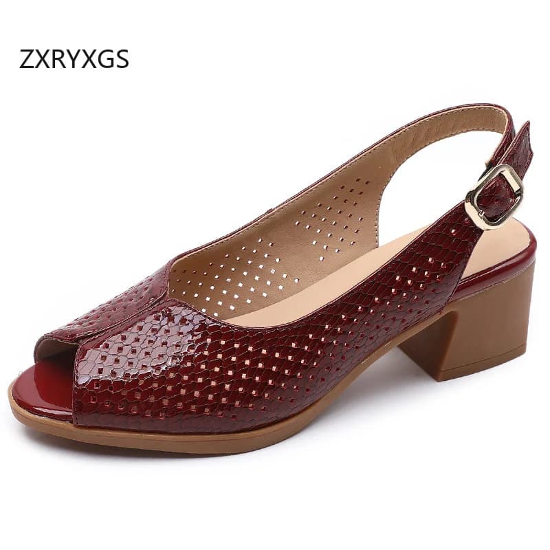 RYXGS Top Cowhide Lacquer Leather Hollow Fish Mouth Sandals 2025 Summer Elegant Fashion Sandals Women High Heel Big Size Sandals