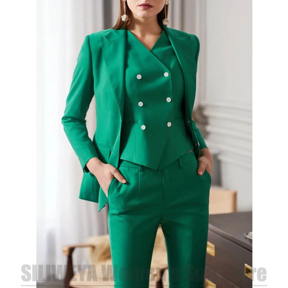 Women's Three Piece Suit Blazer Vest Pants Set Long Sleeves Single Breasted Wear Slim Elegant Lady Office Formal Party Outfit