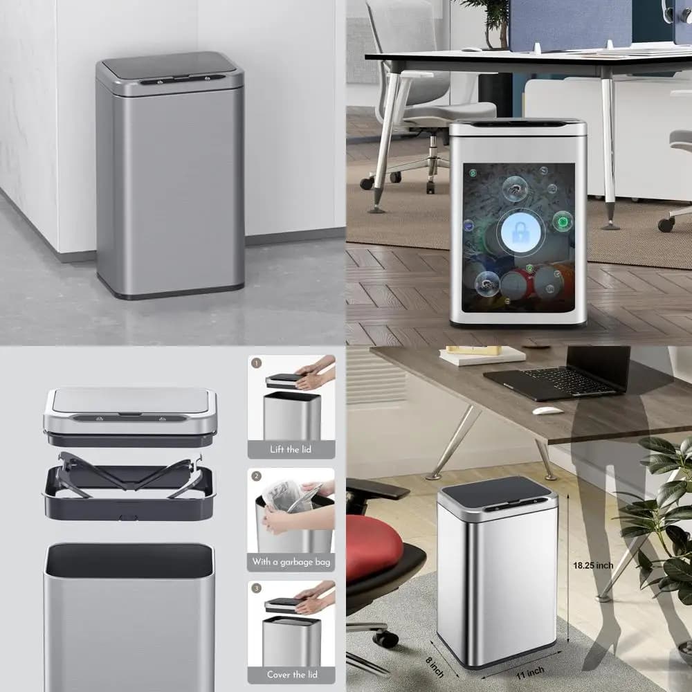 Pattumiera con sensore di movimento, cestino per rifiuti intelligente senza contatto, 6,6 galloni, argento per cucina, ufficio, bagno