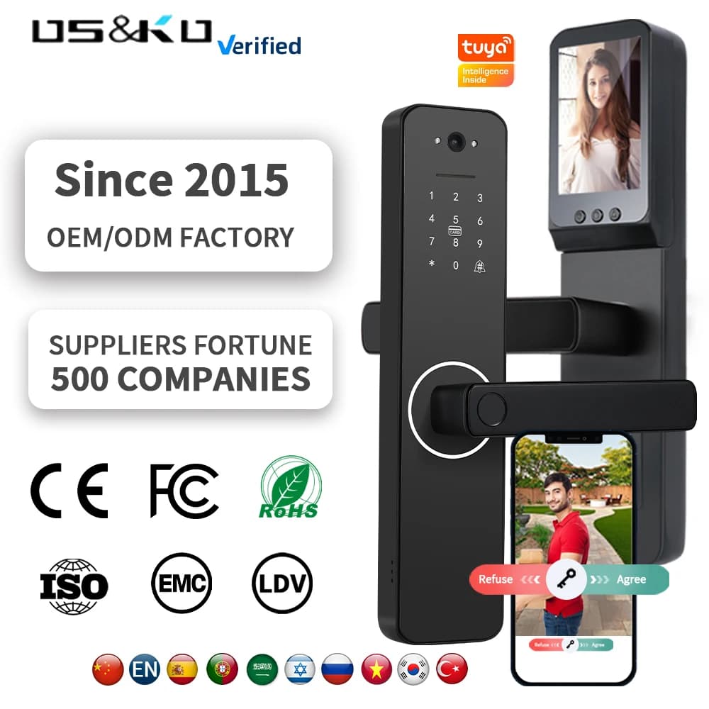 Tuya Wifi Smart Door Lock Security Camera Fingerprint Code Face Recognition RFID Card Key App Remote Control Unlock