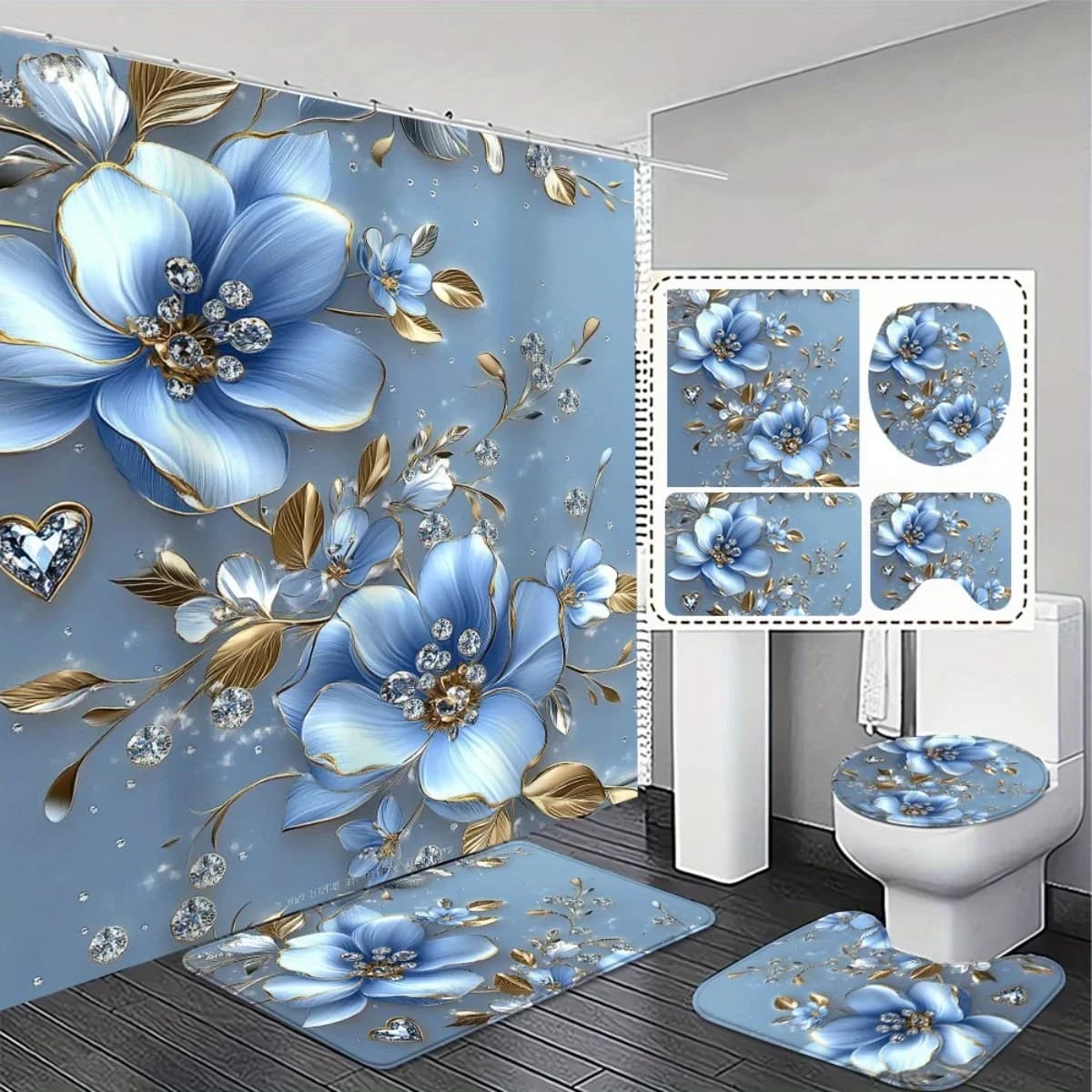 4pcs Elegant Blue Floral 2D Flat Shower Curtain Set,Modern Bathroom Decor with Non-Slip Mat and Toilet Cover,Exquisite Home Gift