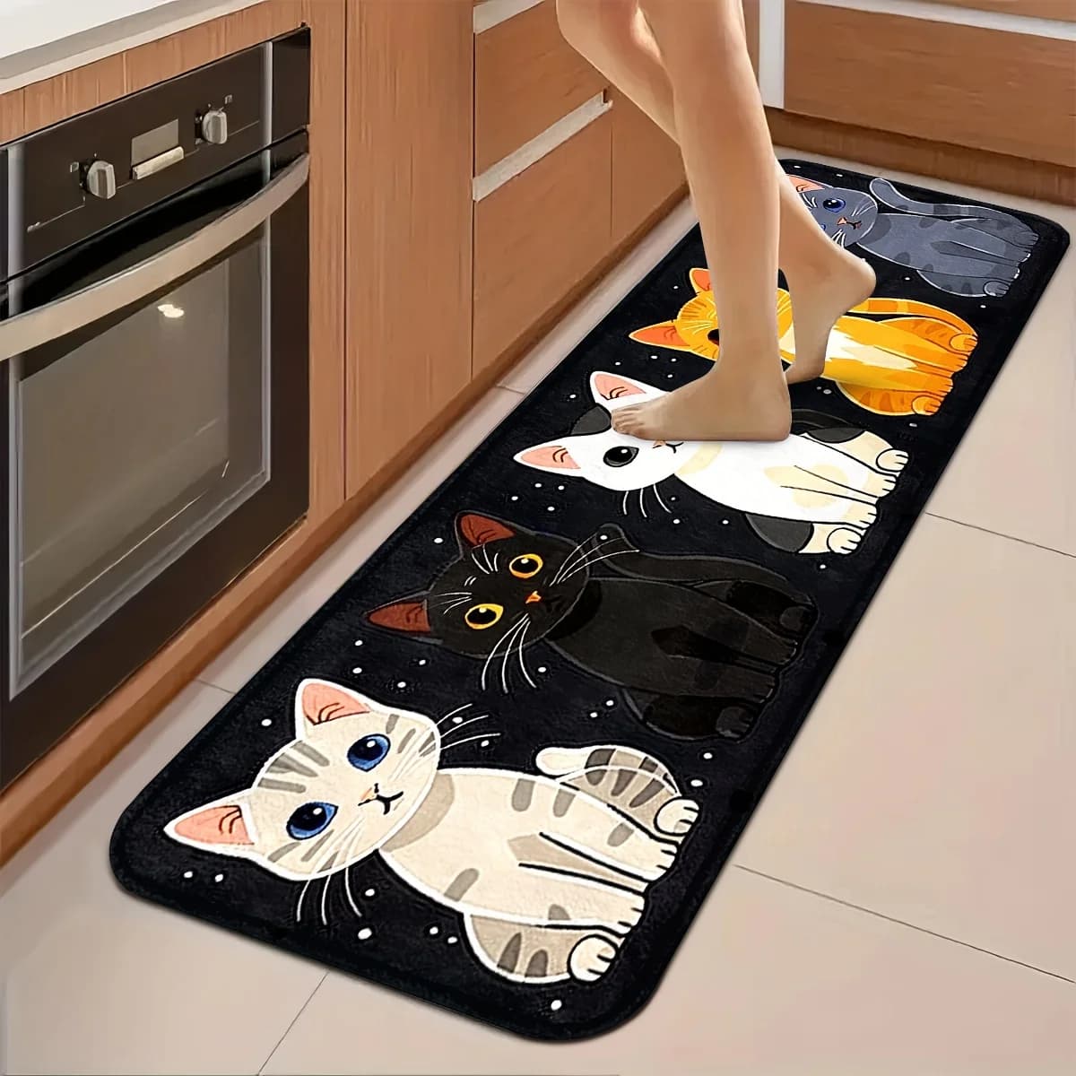 VIKAMA 1pc Cute Kitten Patter Kitchen Mat Long Carpet Bathroom Pads Home Decor Doormat Corridor Laundry Room Bedside Rugs