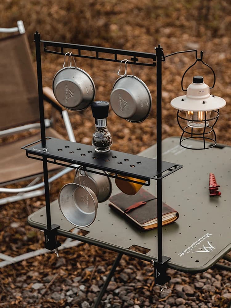 Camping support for Outdoor Tools, Table Organizer with Lantern Hook, Pentole and Lamp Support