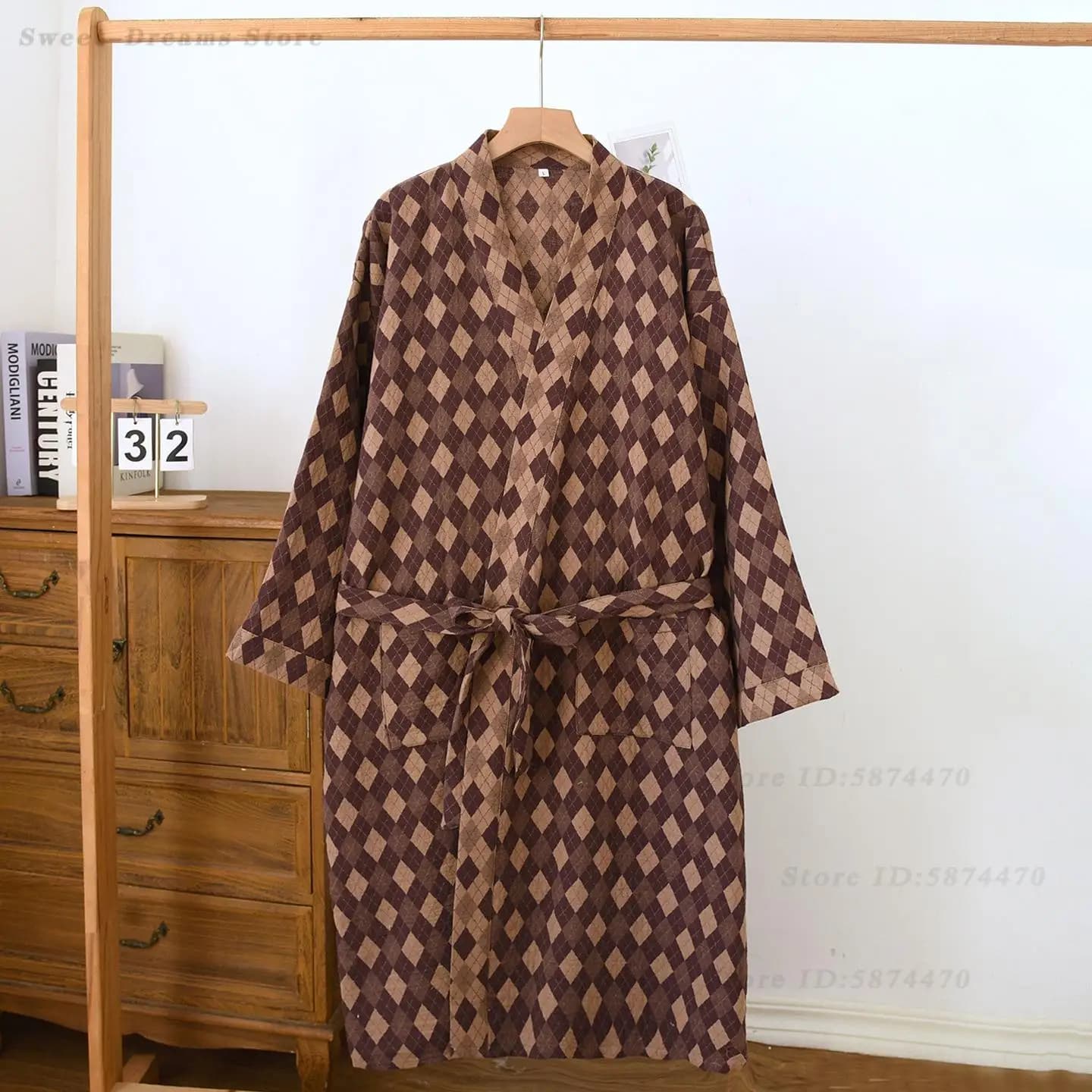 Men's jacquard cotton bathrobe, yukata kimono gown with pockets, casual home dress, loungewear, lingerie