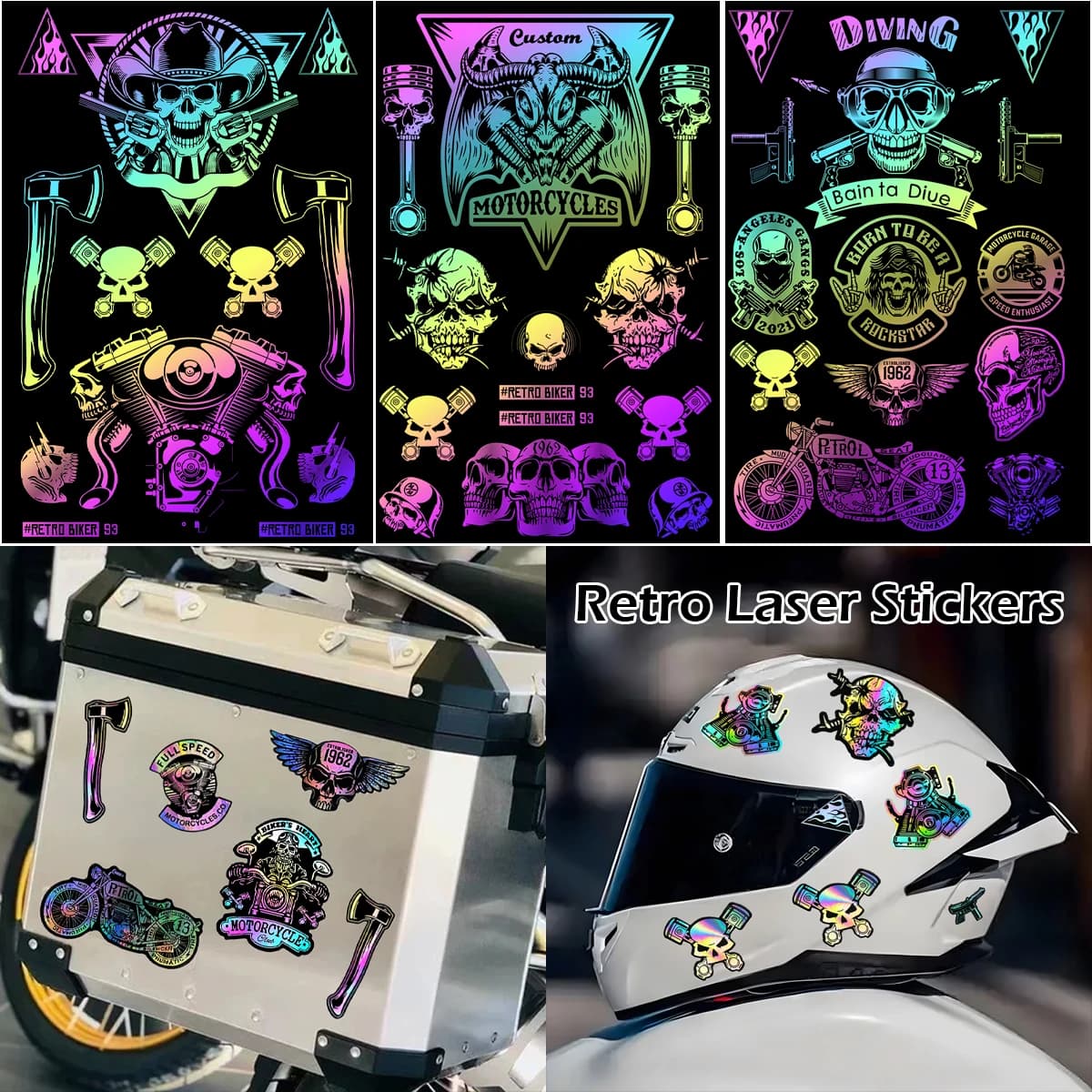 Retro Skull Rider Laser Rainbow Motorbike Bike Body Helmet Decalcomanie Accessories for Harley Triumph Royal-Enfield