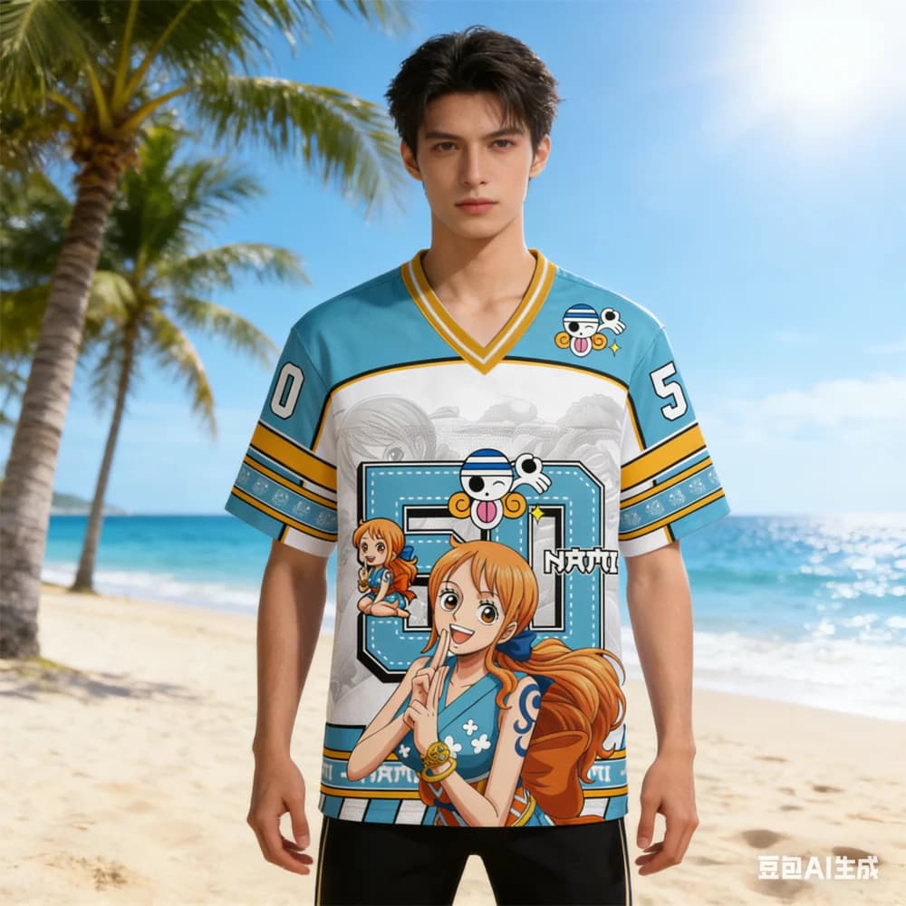 Bambini Nami # Maglietta 05 Sky Blue Jersey con scollo a V e grafica anime, unisex, a maniche corte, streetwear, per uomo e donna, per fan degli anime.