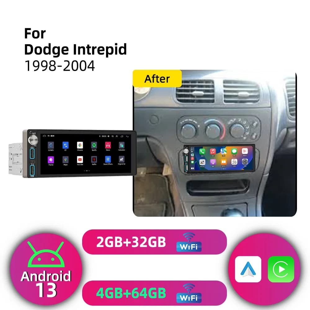Autoradio Android 6.86" con CarPlay Wireless 1 Din per Dodge Intrepid 1998-2004, GPS e Lettore Multimediale