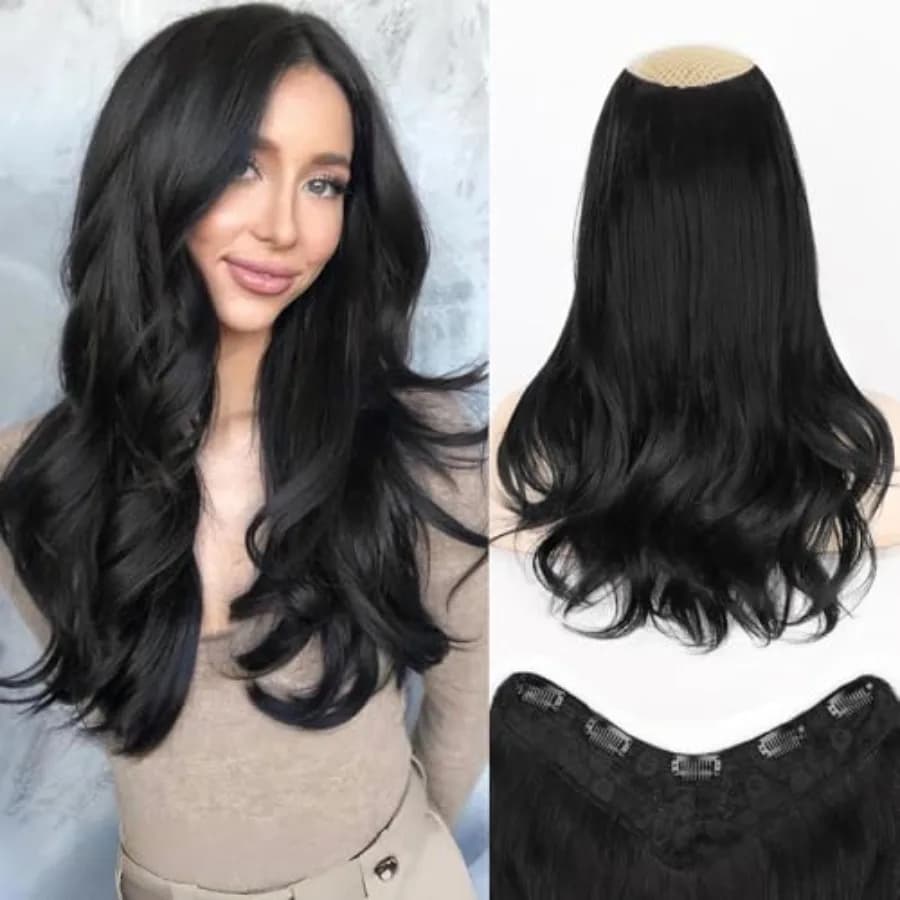 Long Wavy Layered Hair Extensions for Women, Clip in Hair Extensions Clip Ins Soft Full Head Synthetic Hairpieces 16 Inch Black