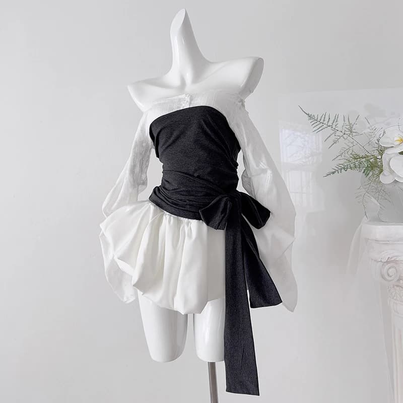 Patchwork Two-piece Long-sleeved Skirt Sets for Women Spring Autumn Bandage Shirts and Elastic High Waist Skirt with Shorts 2026