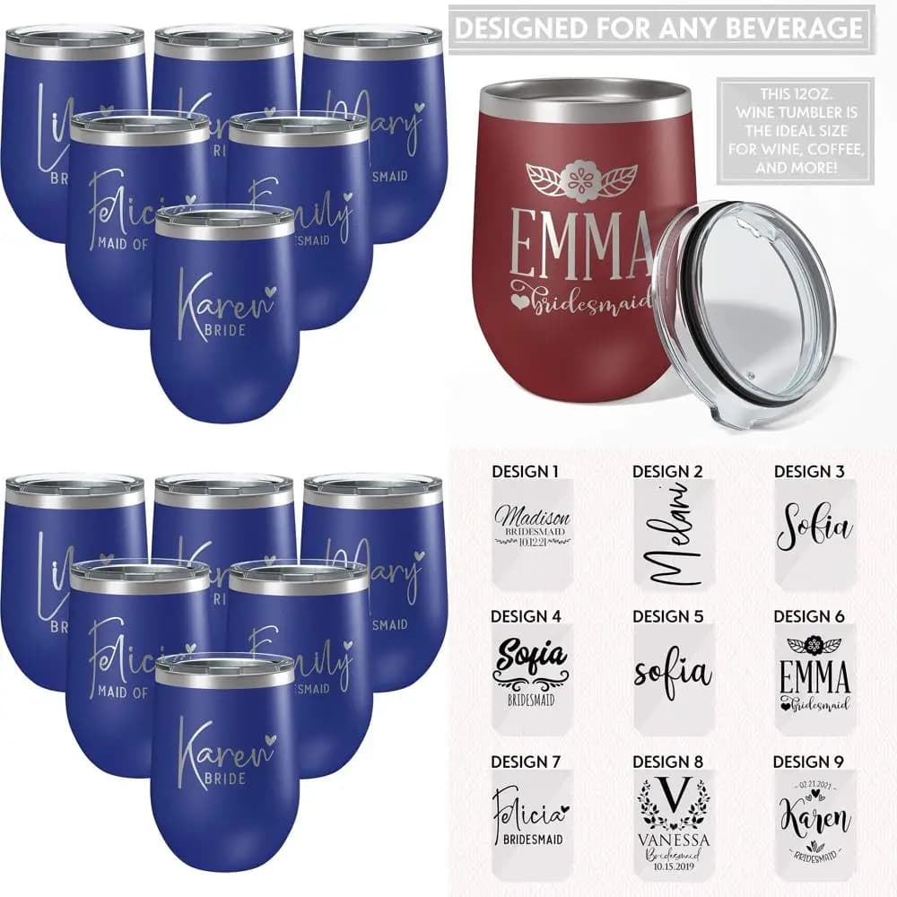 Bicchiere da Vino Personalizzato da 12 oz Blu Royal per Damigelle con Coperchio - Perfetto per Matrimoni o Addii al Nubilato