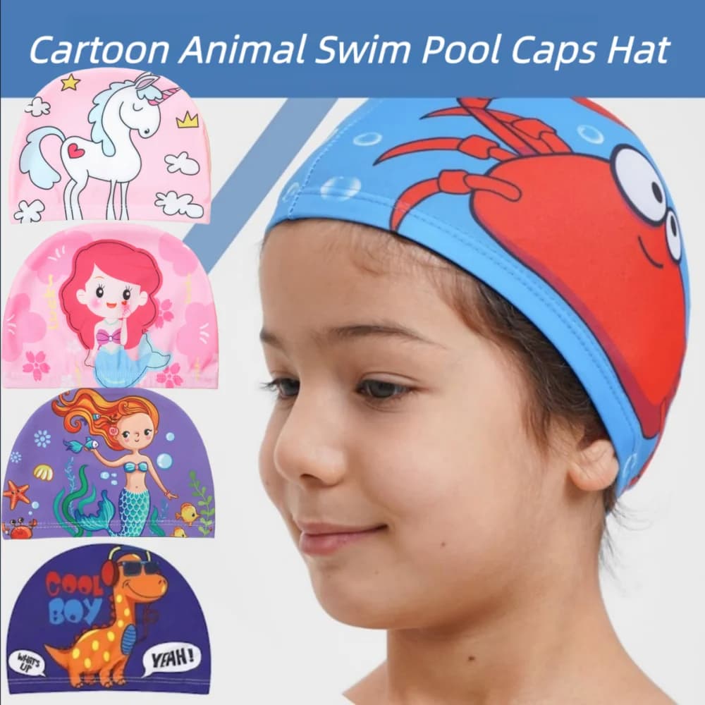 Kids swim cap with cartoons, elastic fabric, for swimming pool, water sports, ear protection, bathroom hat for boys and girls