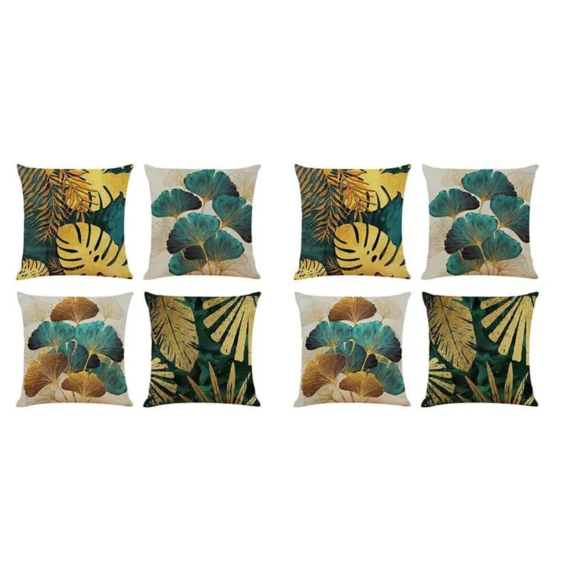 A04G-Confezione da 8 fodere per cuscini quadrati con foglie verdi e oro, fodere per cuscini in lino per divano, 45 cm x 45 cm