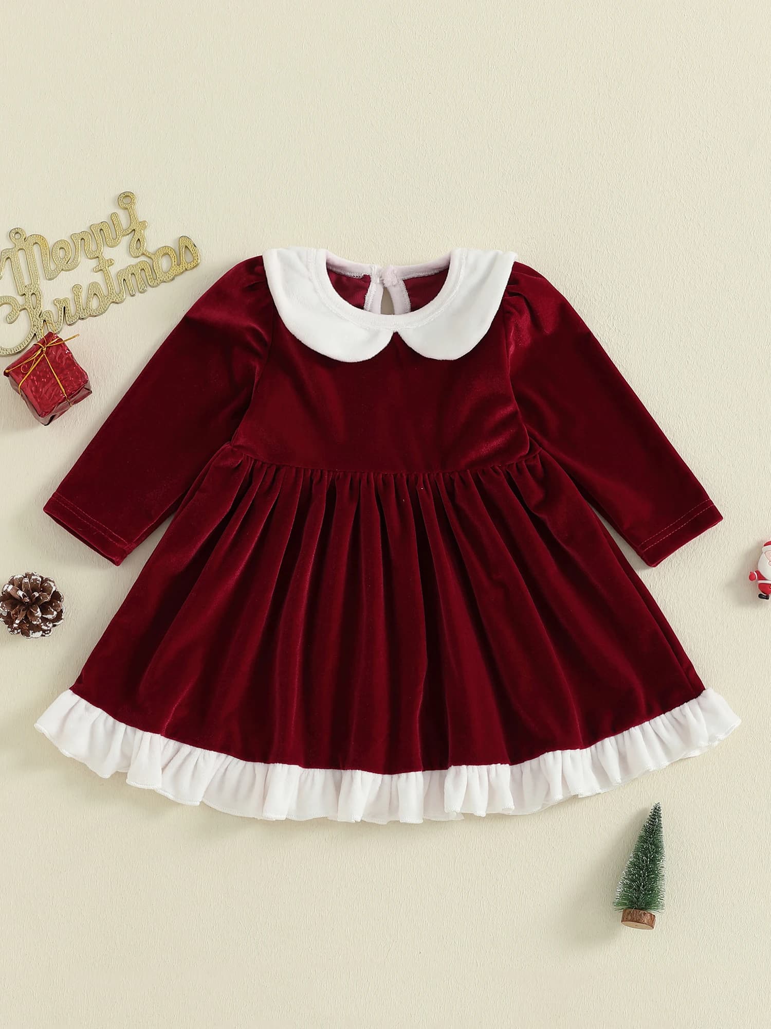 Simpatico abito invernale da bambina con dettagli bowknot e colletto alla Peter Pan, maniche lunghe, abito in velluto arricciato per la festa di Natale