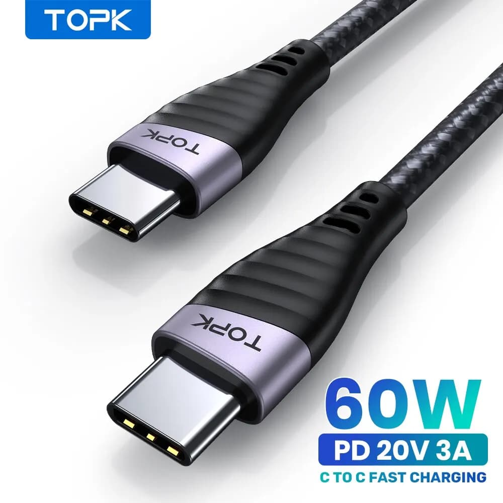 TOPK 60W USB C Type C Cable PD Quick Charging Cable Data Cable for MacBook Huawei Xiaomi POCO USB-C Cable Samsung