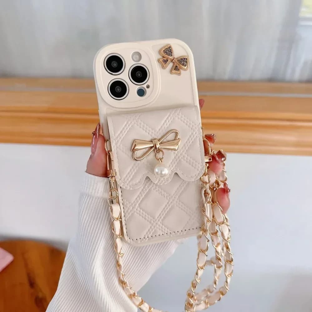 Wallet phone case with 3D Bowknot shoulder card holder for IPhone 17 Air 16 Pro Max 15 14 Plus 13 12 11 XS XR X 7 8 Plus Cover