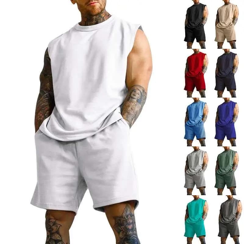 2023 Men's Sleeveless Sportswear Set Lightweight Casual Pure Color Tank Top Two-Piece Summer Cross-Border New Style
