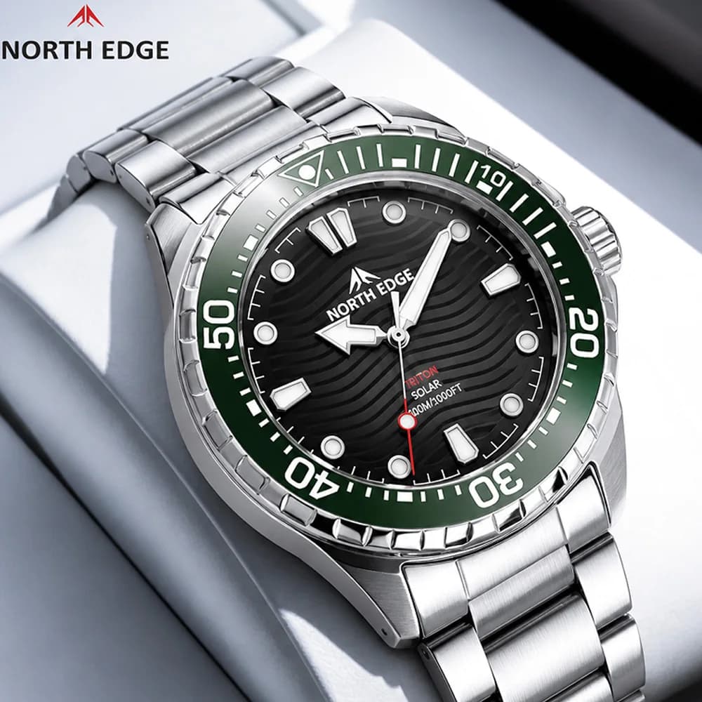 NORTH EDGE TRITON Men Luxury Solar Quartz Watch 300M Waterproof Luminous Dive Wristwatch Silicone Strap Outdoor Sport Clock NEW