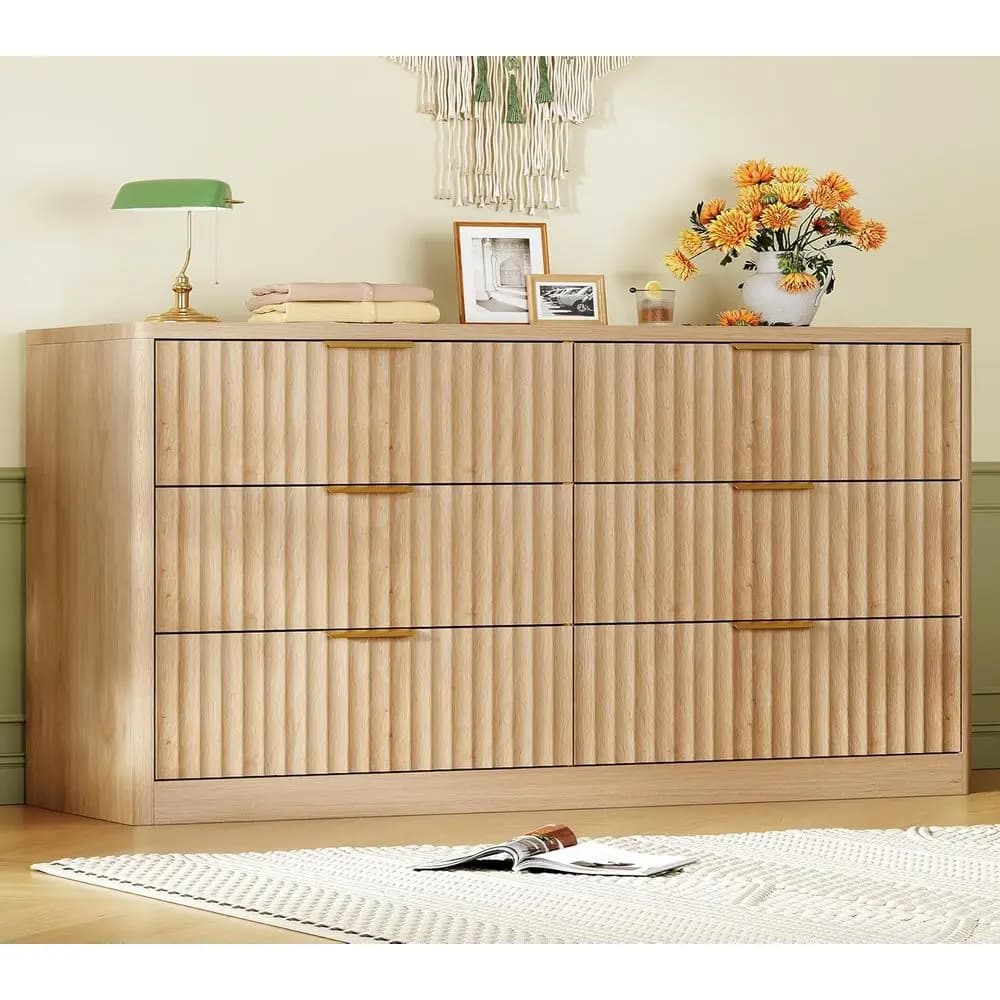 6 Drawer Wide Chest with Metal Handles, Curved Profile Design, Natural Wood Closet Organizer for Bedroom and Hallway