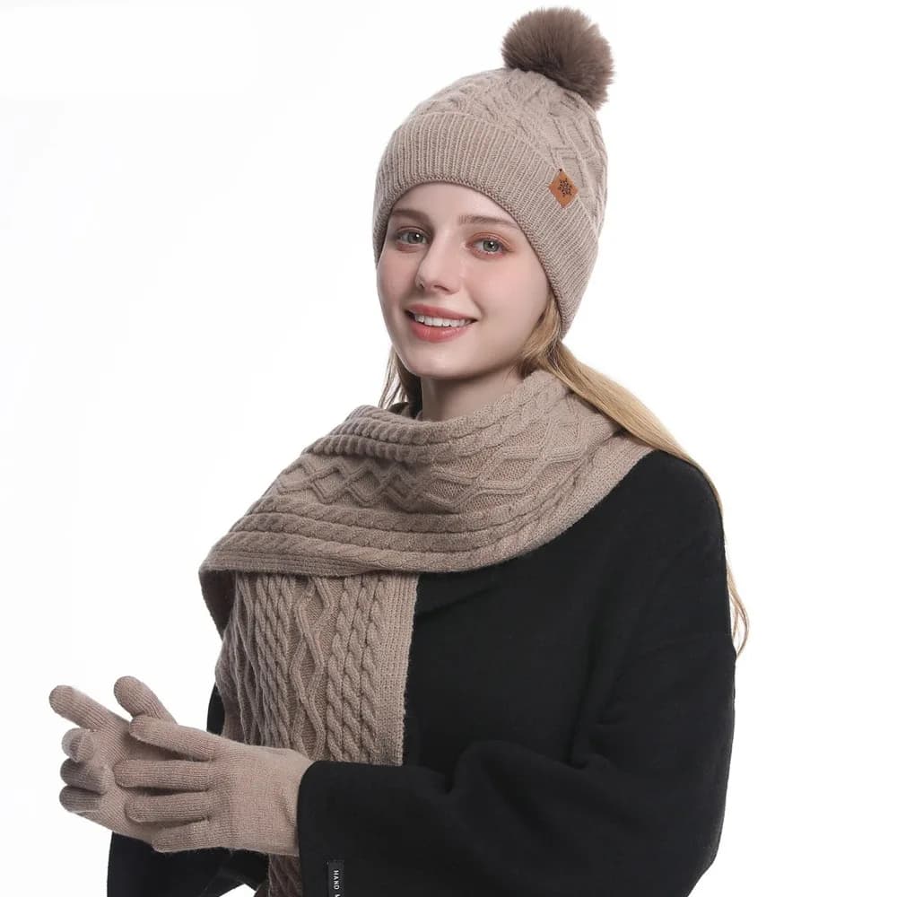 Thermal Protection 3-Piece Set Hat Scarf Gloves Set Thermal Twist Winter Beanie Hat Touch Screen Simple Knitted Hat Cold Weather