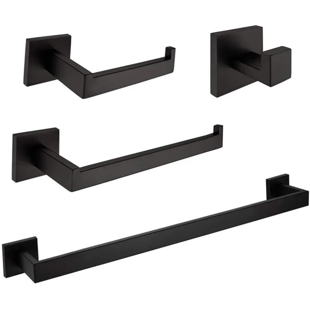 Black Bathroom Accessories Sets 4 Wall Mounted Towel Bar Robe Hooks Toilet Paper Roll Holder Stainless Steel Hardware