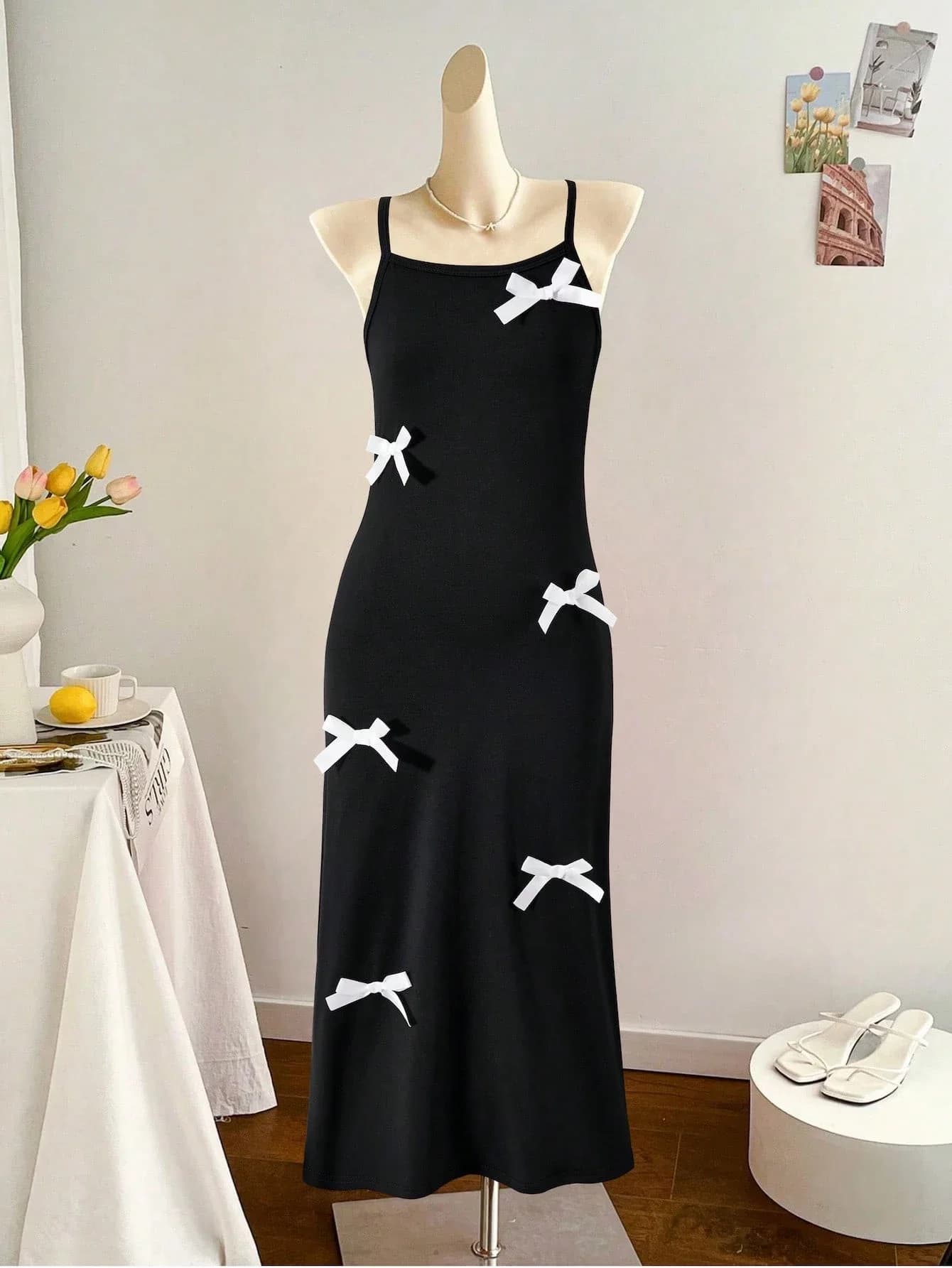 Black Sleeveless Knit Dress With White Bows Adjustable Straps Casual Summer Women's Dress