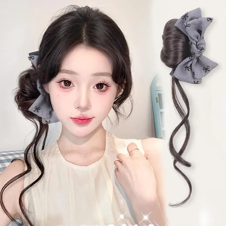 Synthetic hair extension for chignon with Bowknot claw clip Horsetail rags unsorted gray style curls with long mustache