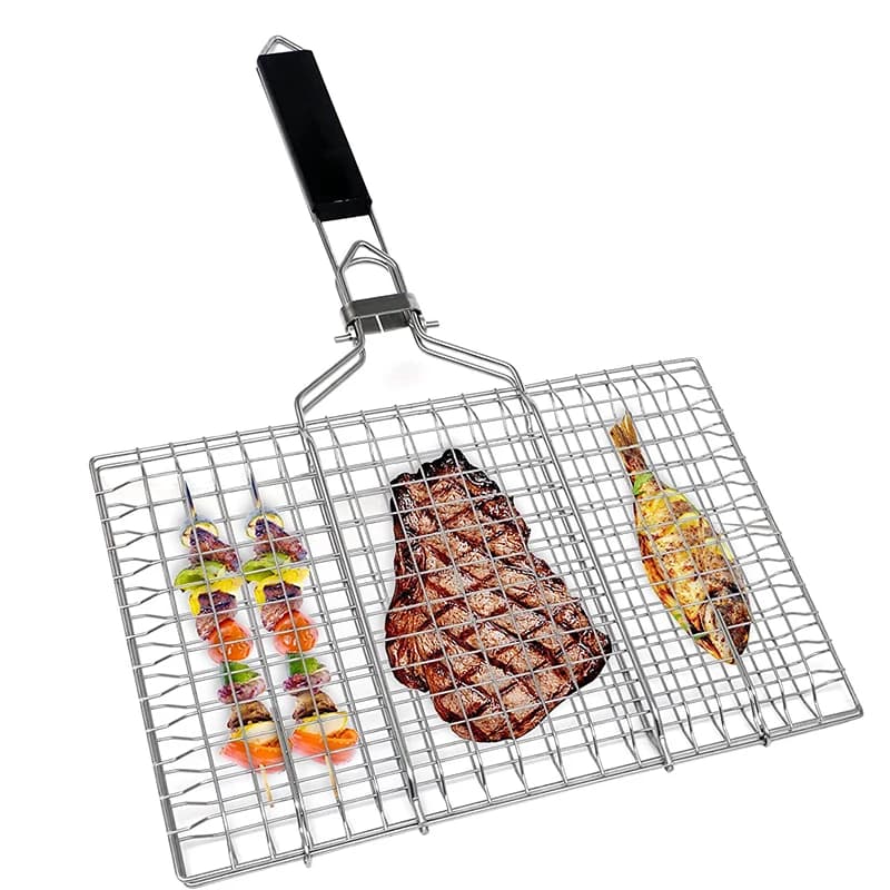 LMETJMA Foldable Grill Basket Portable Stainless Steel BBQ Barbecue Grilling Basket With Removable Handle Steak Fish Basket JT59